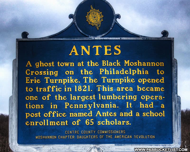 Historical Marker commemorating the ghost town of Antes at the present day site of Black Moshannon State Park.