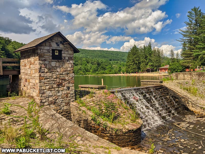 Summertime view of the dam at Greenwood Furnace State Park.