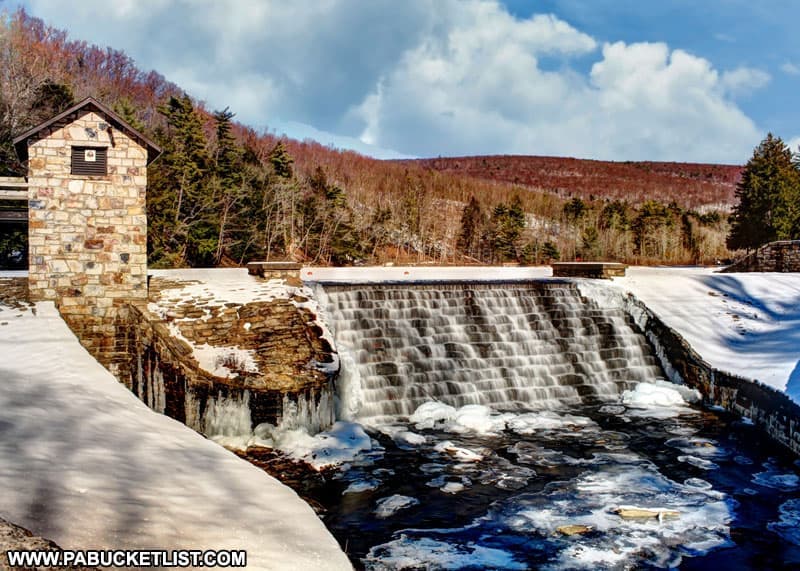 A winter view of the spillway on Greenwood Lake at Greenwood Furnace State Park.