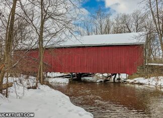 Downstream View of the Hassenplug Covered Bridge in Union County Pennsylvania.