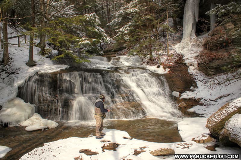 Trout fishing at Hell's Hollow Falls in Lawrence County.