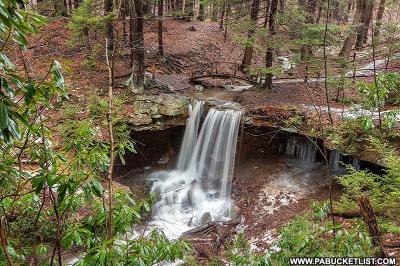 Looking down on Adams Falls at Linn Run State Park after heavy spring rains.