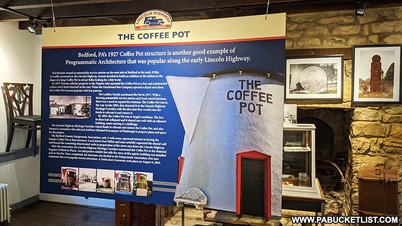 Exhibit featuring the Bedford Coffee Pot at the Lincoln Highway Experience in Latrobe PA