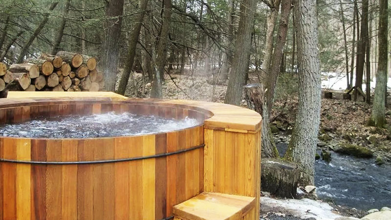 Hot tub outside a vacation rental cabin in the Poconos.