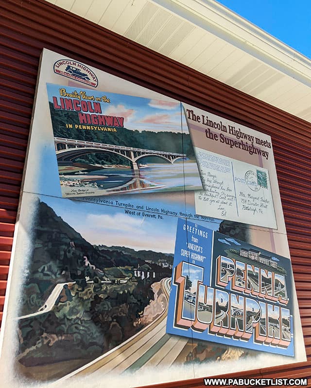 An old postcard exhibit on the outside of the Lincoln Highway Experience.