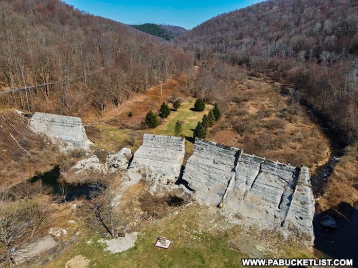Aerial view of Austin Dam ruins in Potter County Pennsylvania.