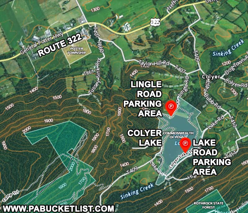 A map to the parking areas for the Colyer Lake Trail near State College Pennsylvania.