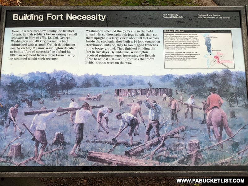 Interpretive sign near the modern-day replica Fort Necessity.