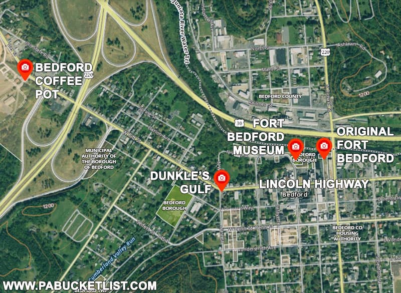 A map to the Fort Bedford Museum and nearby attractions in Bedford, Pennsylvania.