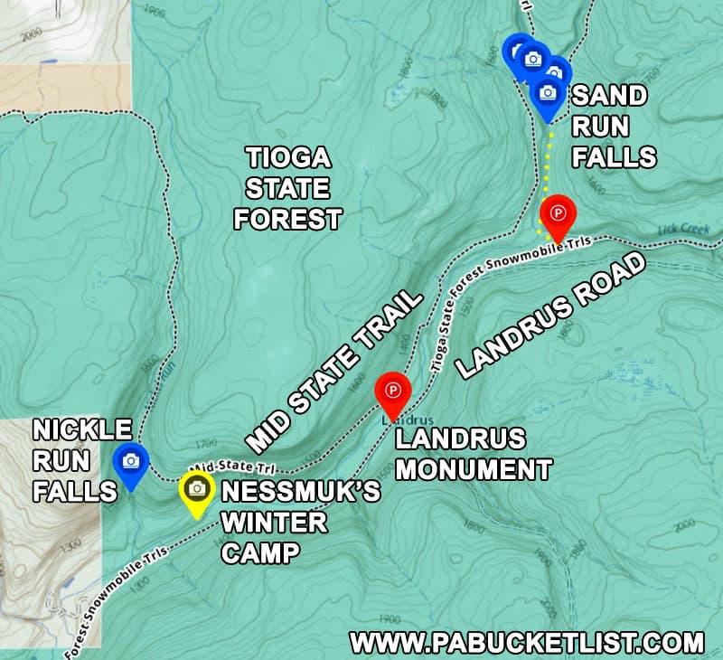 Different routes to reach Nickle Run Falls in the Tioga State Forest.