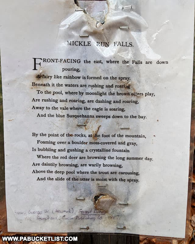 Micke Run Falls poem by Nessmuk attached to trail sign.