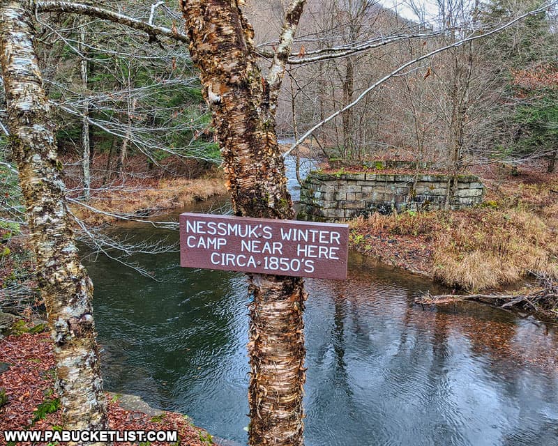 Nessmuk's Winter Camp sign along Babb Creek in Tioga County.