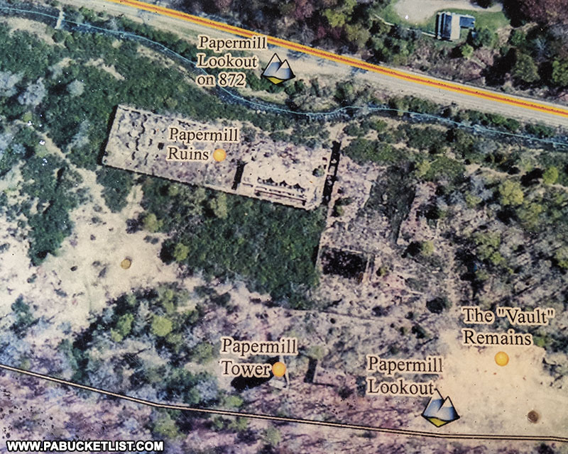 An aerial-view map of the Bayless Paper Mill ruins at Austin Dam Memorial Park.