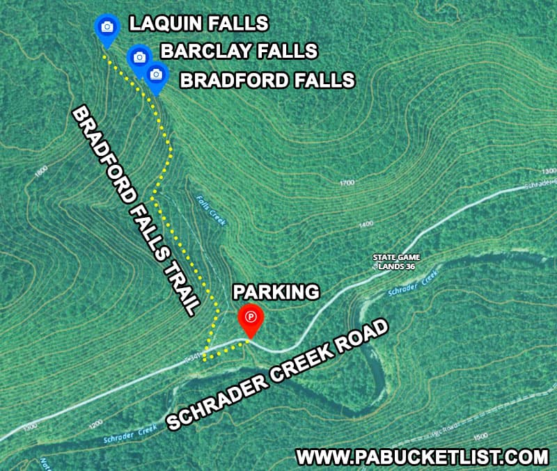 A map of the Bradford Falls Trail on State Game Lands 36 in Bradford County, PA.