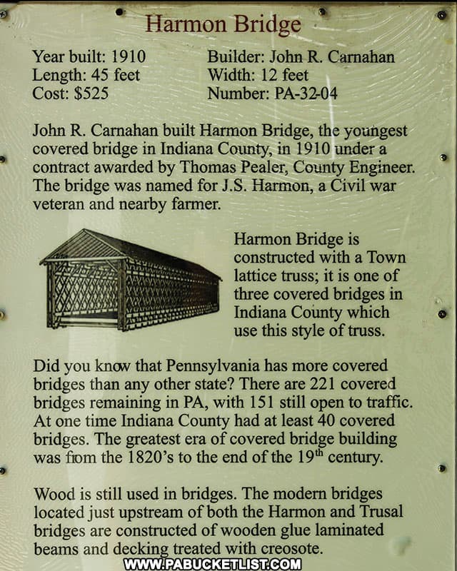 Harmon Covered BRidge fact sheet located at the bridge.