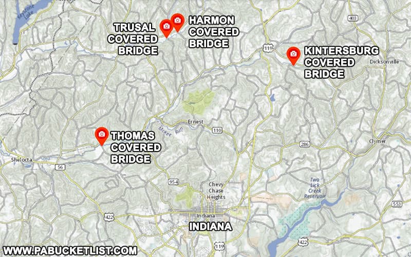 A map to the four covered bridges of Indiana County, Pennsylvania.