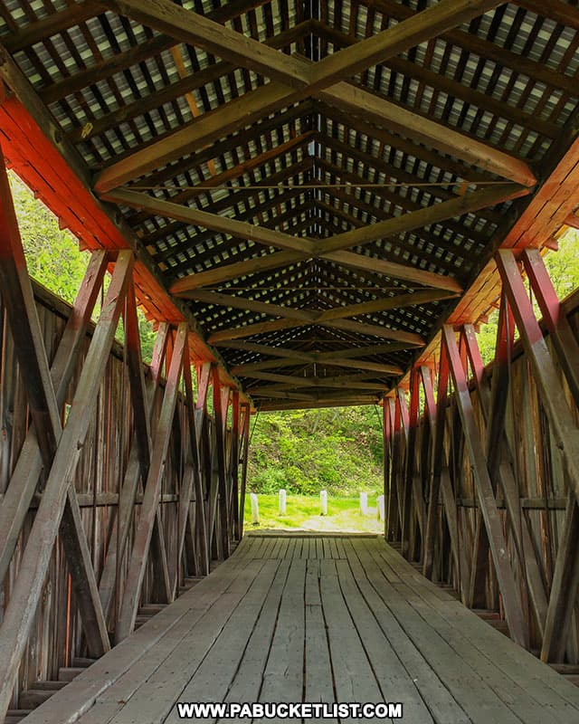 Kintersburg Covered Bridge utilizes Howe trusses in its construction.