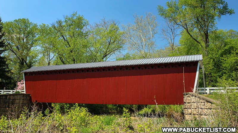 Thomas Covered Bridge in Indiana County is 75 feet in length and crosses Crooked Creek.