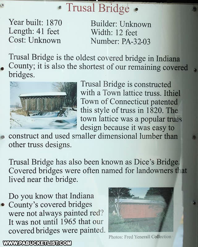 Trusal Covered Bridge fact sheet located at the bridge.