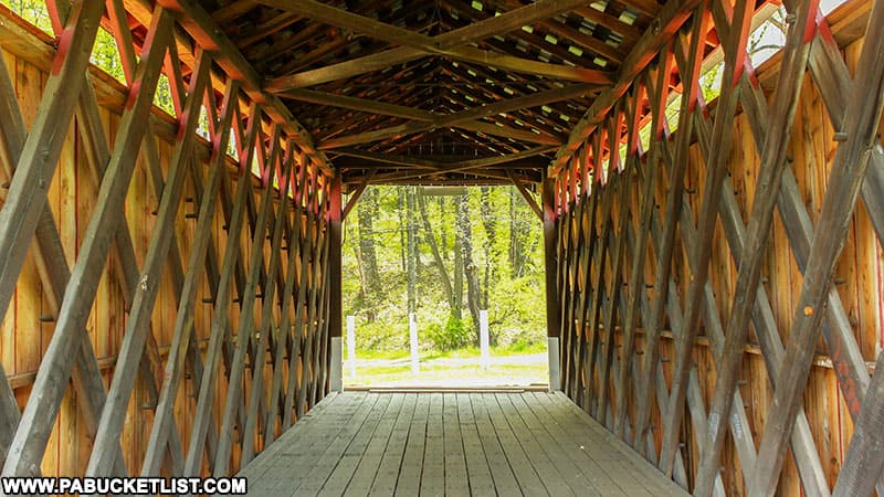 Trusal Covered Bridge in Indiana County PA utilizes Town Lattice trusses. in its construction