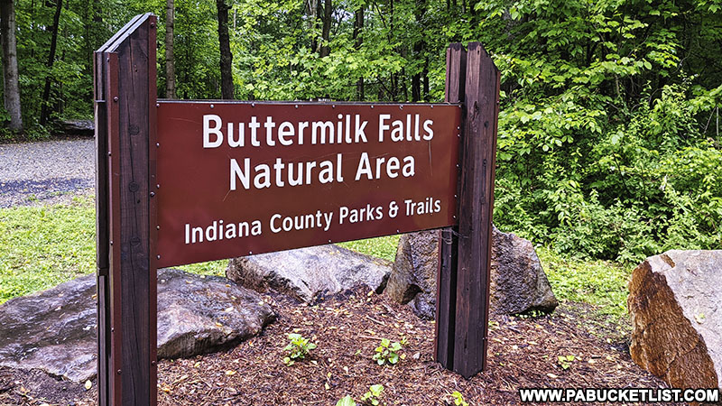 Sign at the entrance to the Buttermilk Falls Natural Area in Indiana County Pennsylvania.