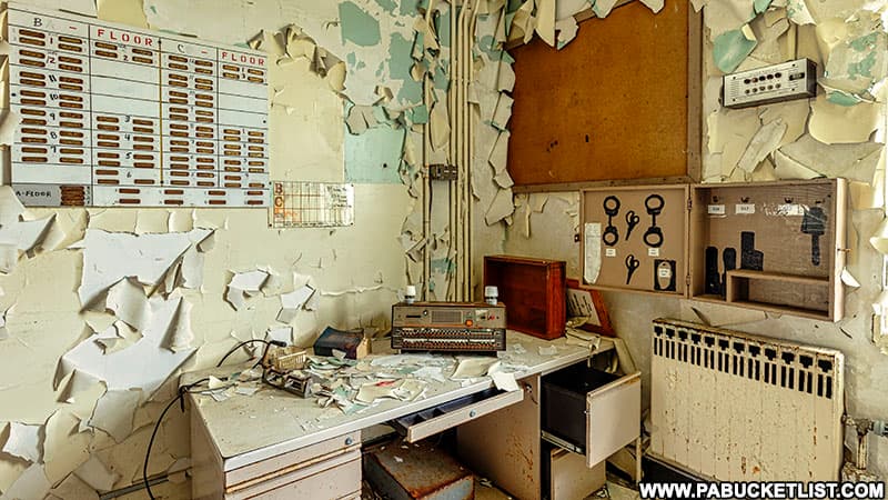 Inside a control room at the abandoned Cresson State Prison.