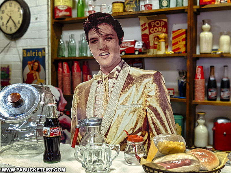 Elvis working the snack bar at the recreated drive-in theatre at Jerry's Classic Cars and Collectibles Museum on South Centre Street in Pottsville.
