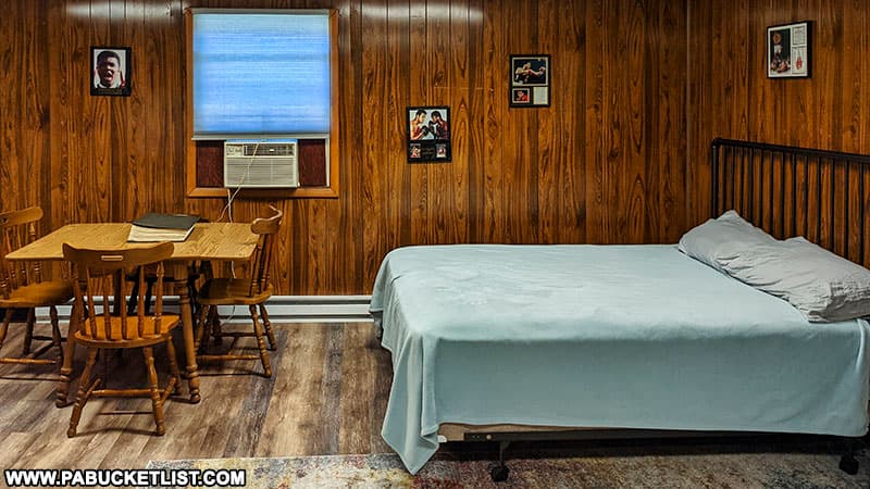 Interior of one of the guest cabins at Fighter's Heaven in Deer Lake, Pennsylvania.