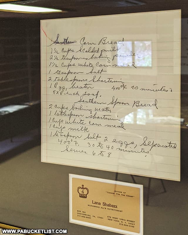 Lana Shabazz's hand-written corn bread and spoon bread recipes in the kitchen at Muhammad Ali's Fighter's Heaven.