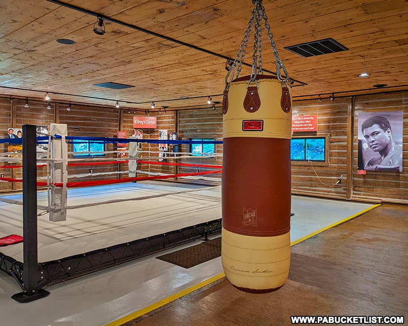 Heavy bag and boxing ring at Muhammad Ali's training camp in Deer Lake, PA