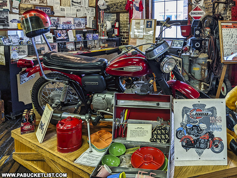 Vintage motorcycle memorabilia on display at Jerry's Classic Cars and Collectibles museum in Pottsville.