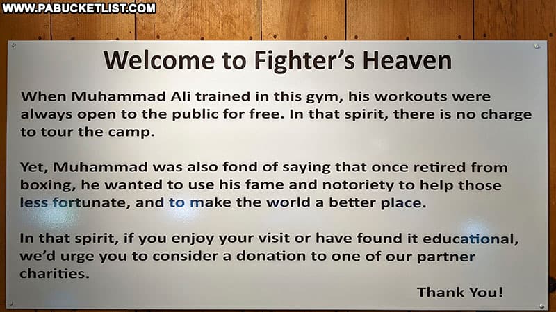Welcome to Fighter's Heaven sign inside the gym at Muhammad Ali's training camp in Deer Lake, PA.