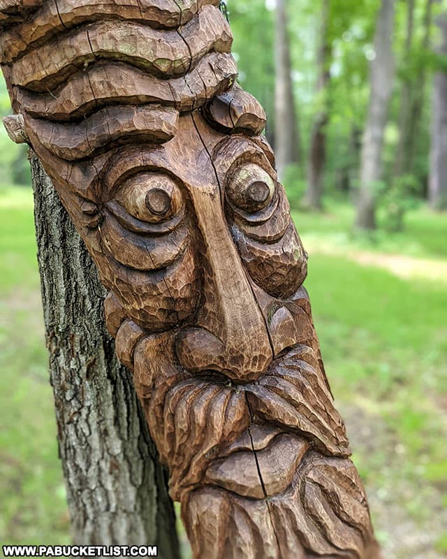 A wooden face carving at Bilger's Rocks in Clearfield County Pennsylvania