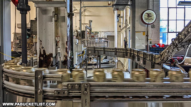 Cans of Yuengling Lager being filled at the Yuengling Brewery in Pottsville Pennsylvania.