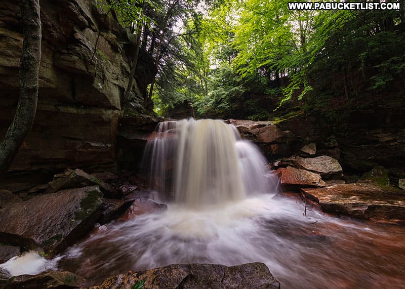 Stream-level view of Lower Fall Brook Falls in Tioga County Pennsylvania.