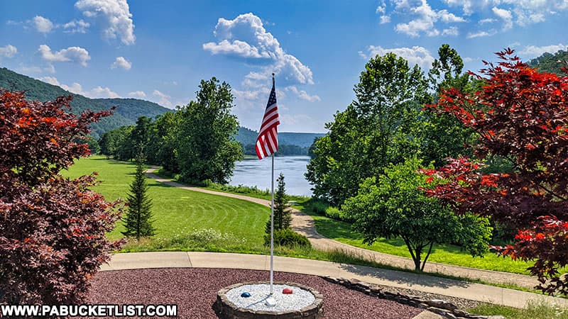 A view of Old Glory and the Allegheny River from the steps of the Sherman Memorial Lighthouse in Tionesta.