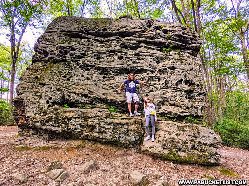 Climbing on boulders at Beartown Rocks in Jefferson County, Pennsylvania.