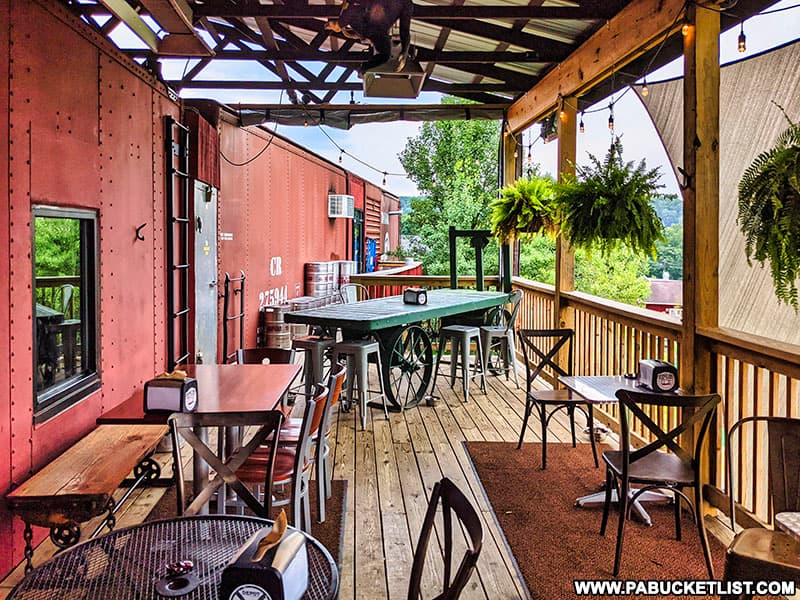 Outdoors dining area at Boxcar Brew Works in Doolittle Station.