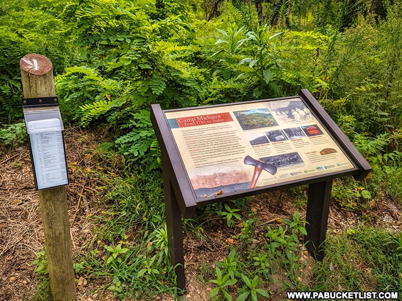 Walking tour maps next to the Camp Michaux parking lot on Bunker Hill Road in Cumberland County