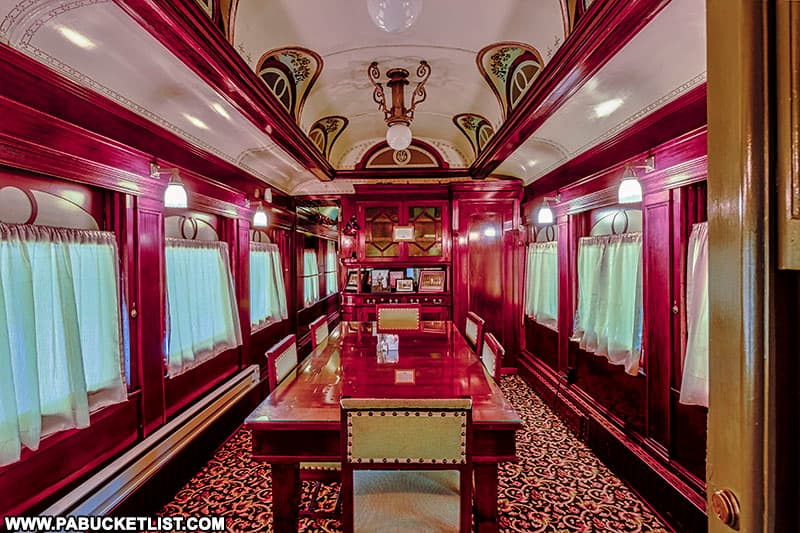 The extravagant dining room aboard the Presidential Train Car bed and breakfast at Doolittle Station.