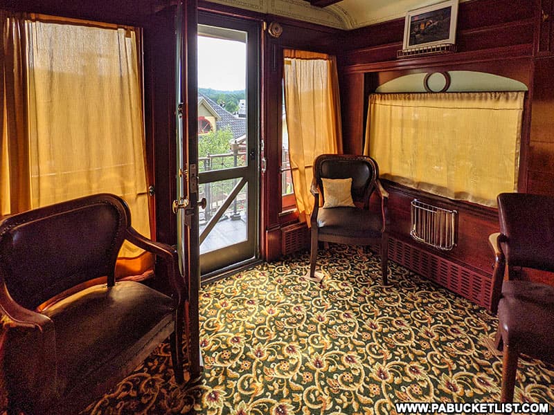 The sitting area at the rear of the Presidential Train Car bed and breakfast is a great place to enjoy your morning coffee.