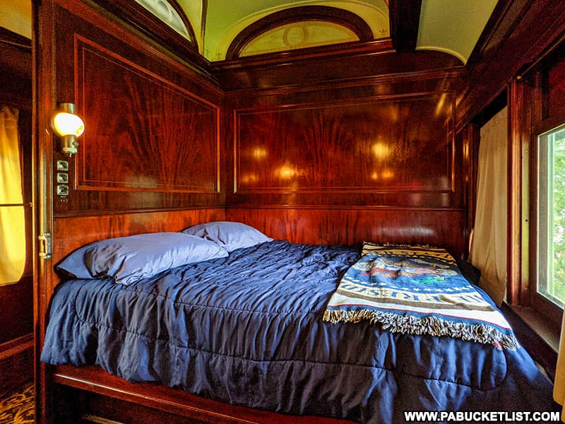 The Presidential bedroom aboard the Presidential Train Car bed and breakfast in DuBois.