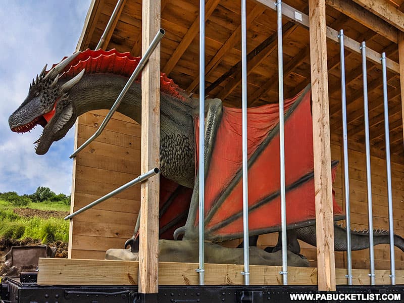 Dragon on a train car at Doolittle's Dinosaurs in DuBois Pennsylvania.