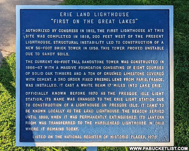 History of the Erie Land Lighthouse.