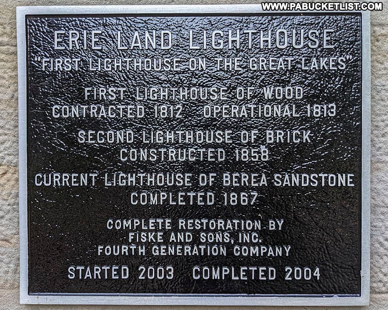Plaque next to the entrance to the Erie Land Lighthouse on the shore of Presque Isle Bay.