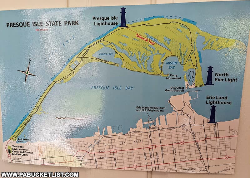 A map showing the location of the three historic lighthouses in Erie Pennsylvania.