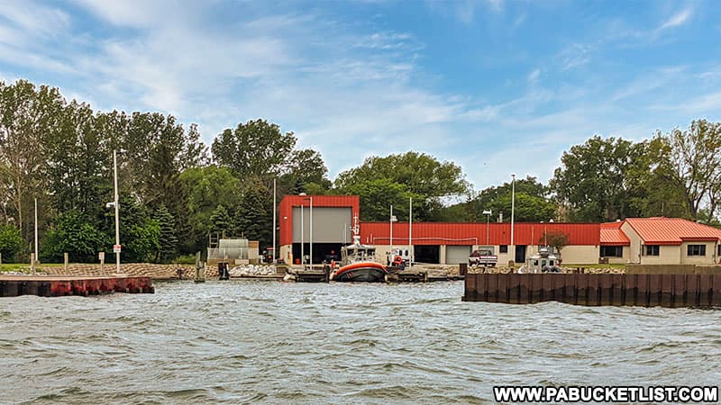 The US Coast Guard Station at Presque Isle State Park, as viewed from the Lady Kate boat tour.
