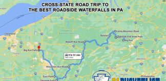 A map showing how to find the best roadside waterfalls in Pennsylvania.