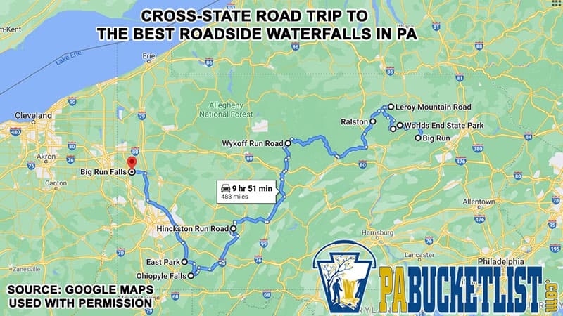 A map showing how to find the best roadside waterfalls in Pennsylvania.