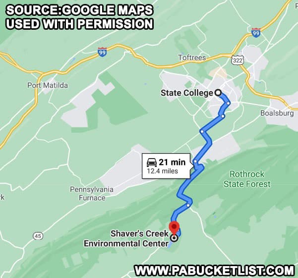 Map to Shaver's Creek Environmental Center near State College, PA.